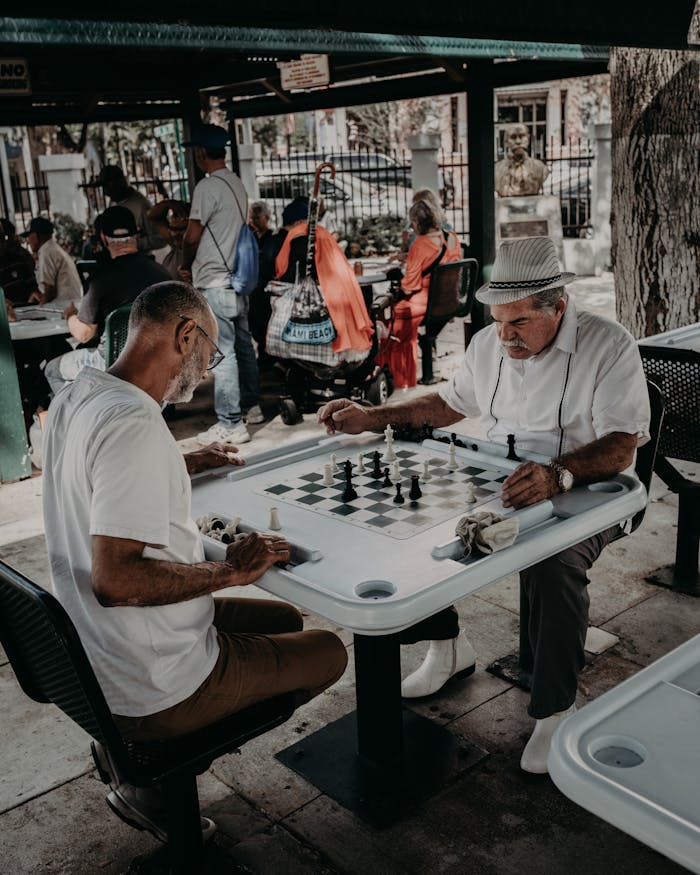 The Art of Drawing Readers In: Your attractive post title goes here Two senior men playing chess in an outdoor Miami park setting, surrounded by urban scenery.
