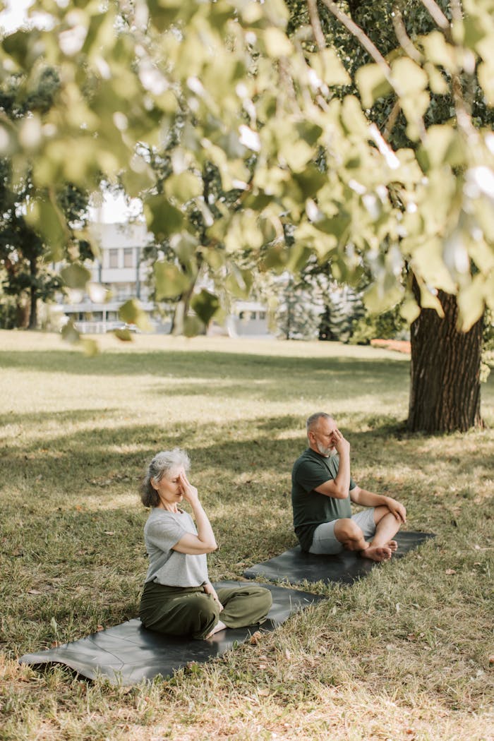 Elderly couple engaging in yoga breathing exercises on mats in a sunny park.